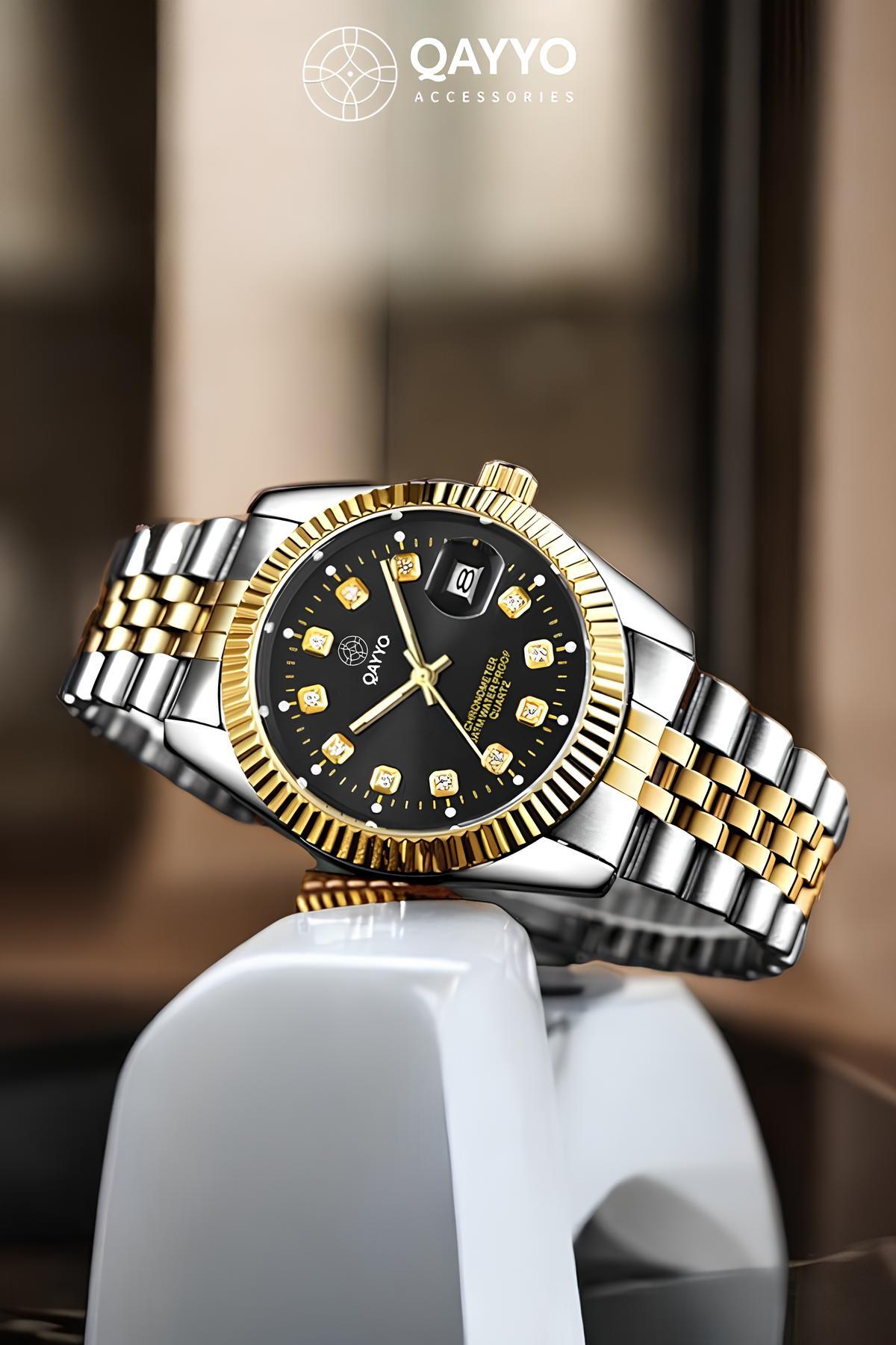 Kadın Çelik Altın Gümüş Renk Kordon Siyah Kardan Yuvarlak Mini Lüx Kol Saati