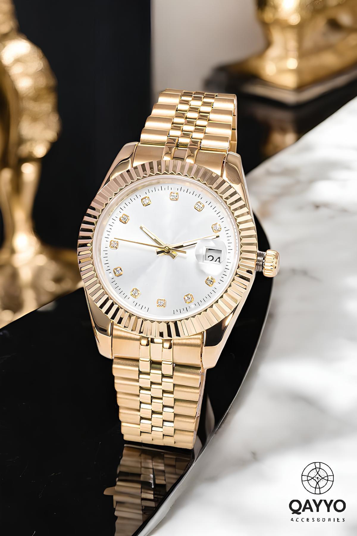 Kadın Çelik Altın Renk Kordon Beyaz Kardan Yuvarlak Mini Lüx Kol Saati