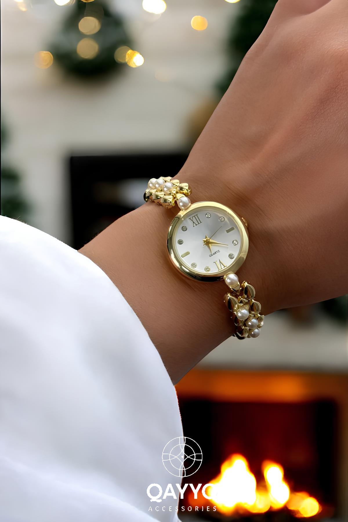 Kadın Incili Altın Renk Kordon Yuvarlak Beyaz Kardan Kol Saati