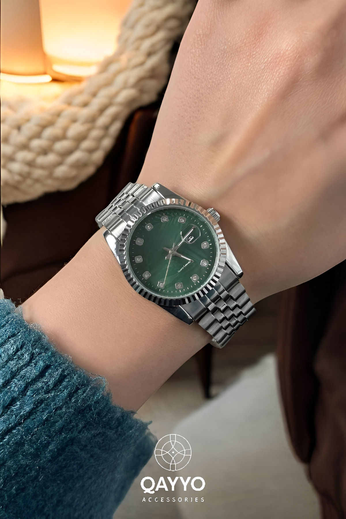 Kadın Çelik Gümüş Renk Kordon Yeşil Kardan Yuvarlak Mini Lüx Kol Saati