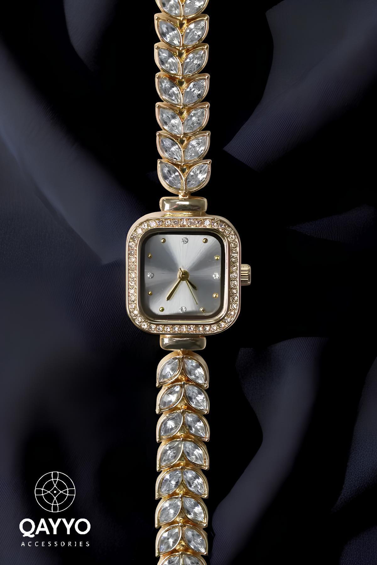 Casual Kadın Yaprak Özel Tasarım Altın Renk Zirkon Taşlı Kordon Kadın Kol Saati