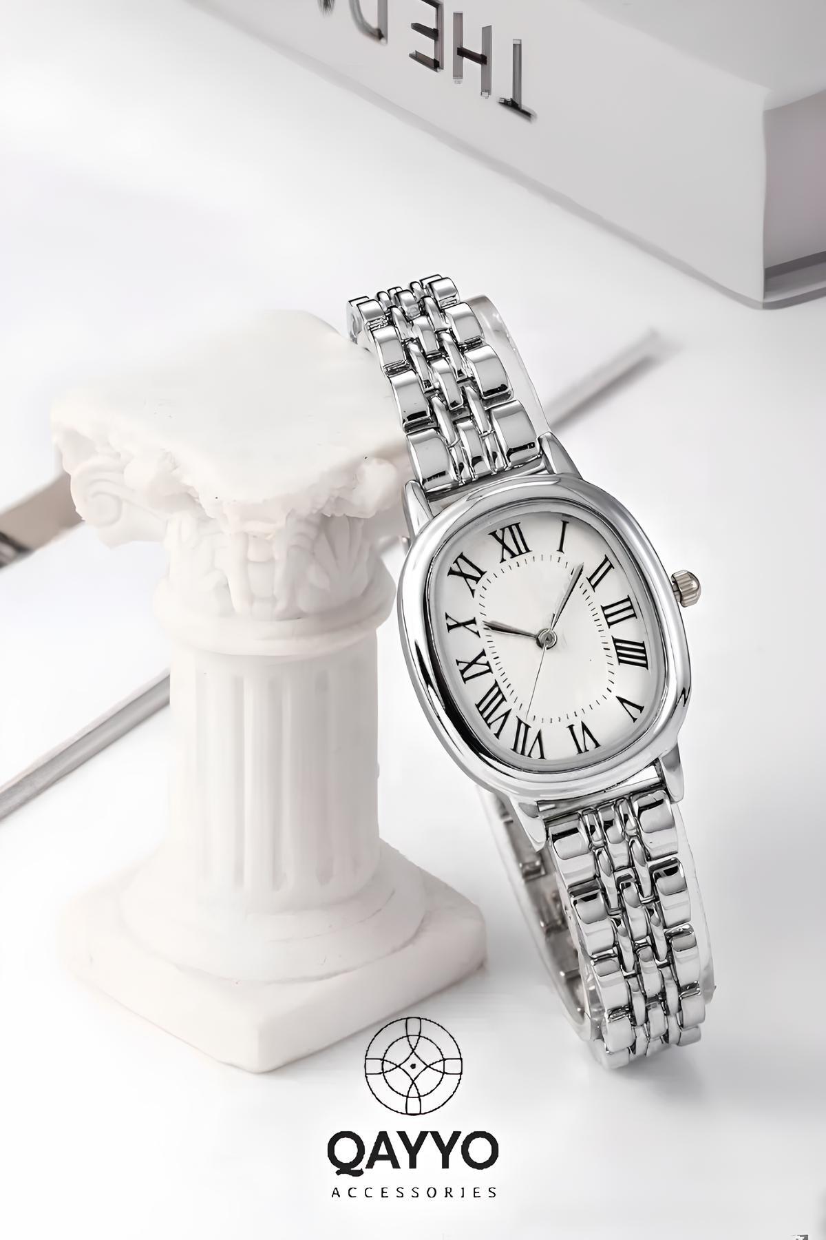 Elips Kasa Retro Minimal Roma Rakamlı Oval Vintage Gümüş Renk Kadın Kol Saati