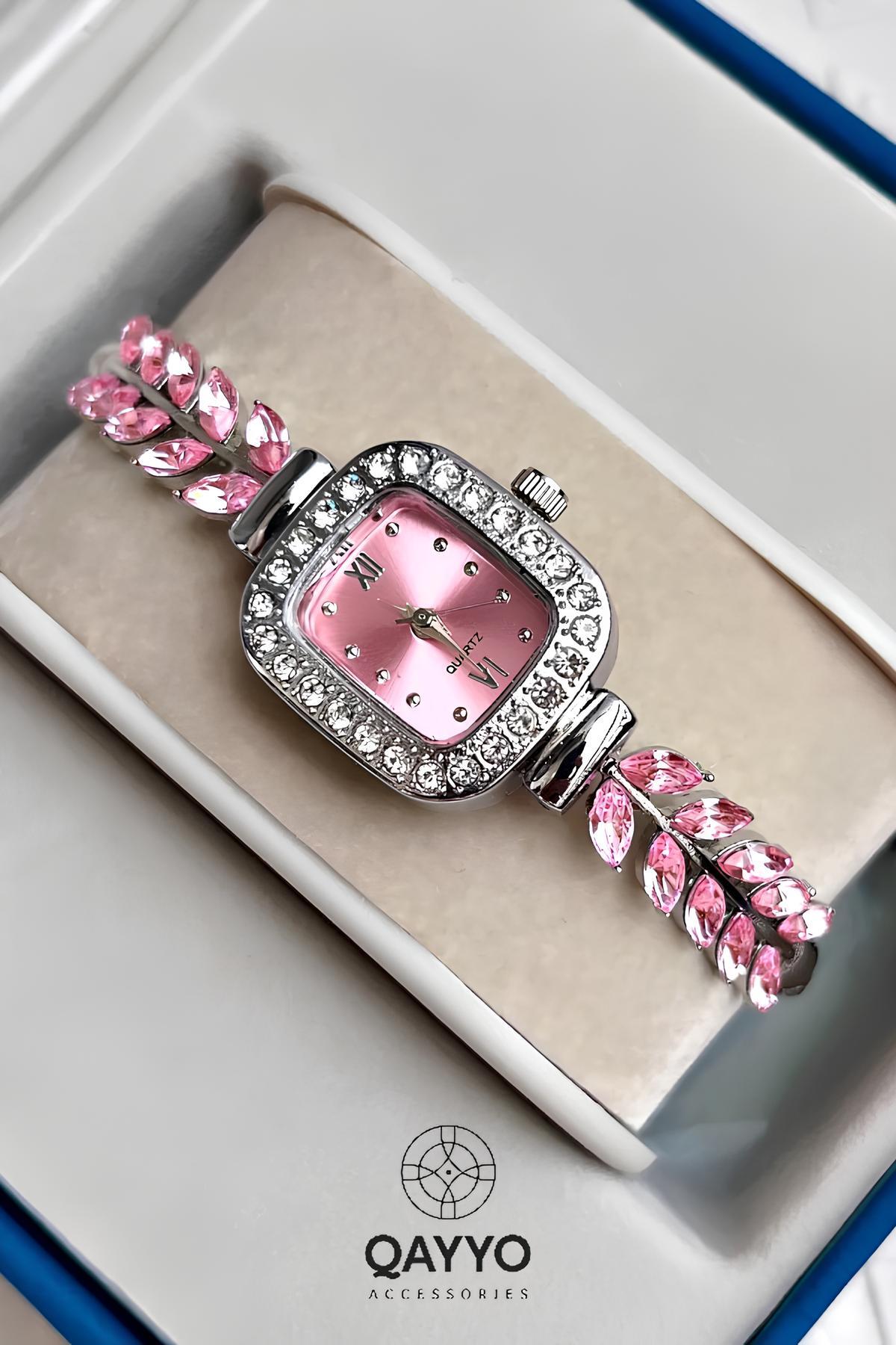 Casual Yaprak Özel Tasarım Zirkon Pembe Taşlı Kordon Kadın Gümüş Kol Saati