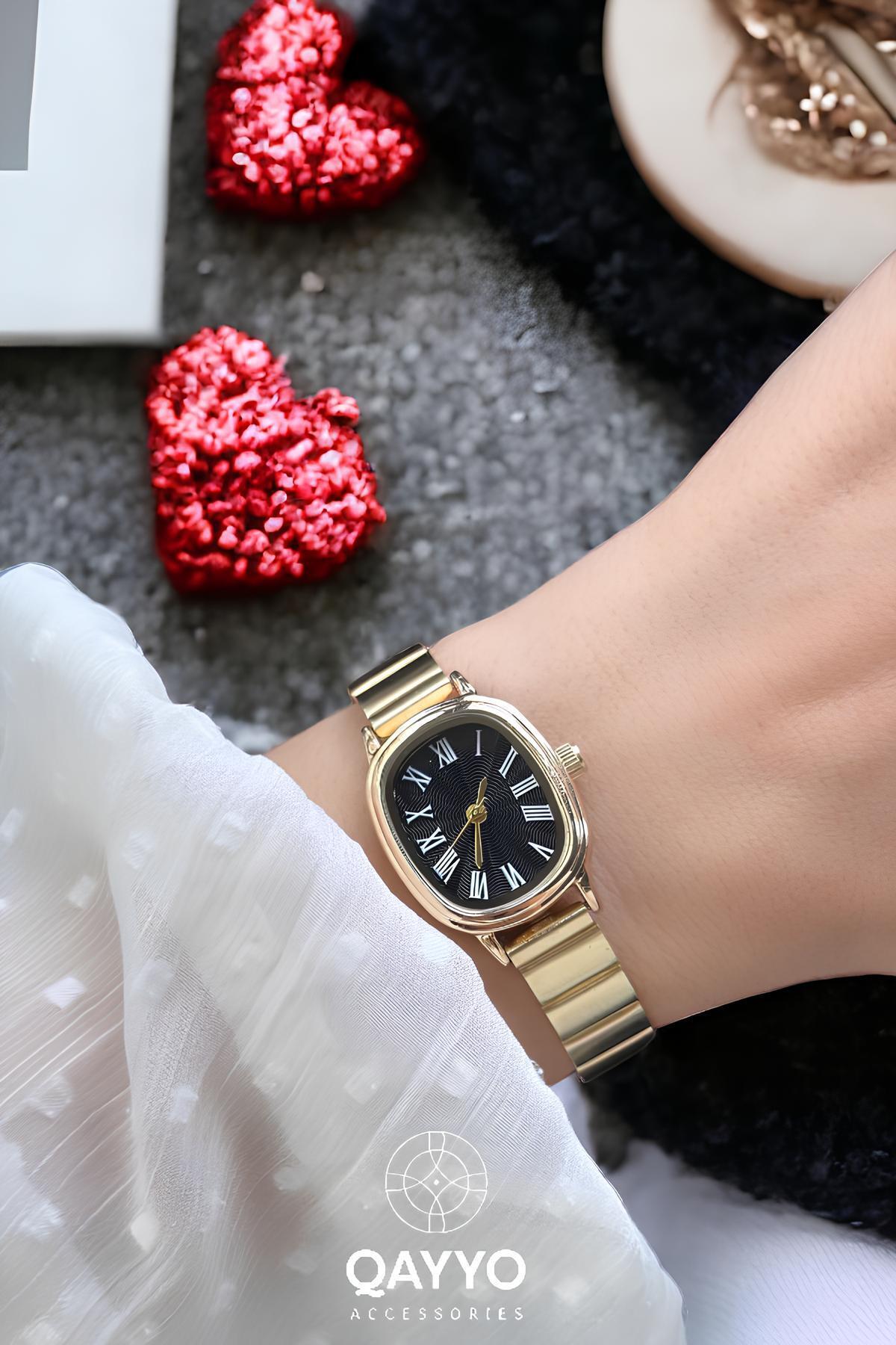 Elips Kasa Retro Minimal Roma Rakamlı Oval Vintage Altın Renk Kadın Kol Saati