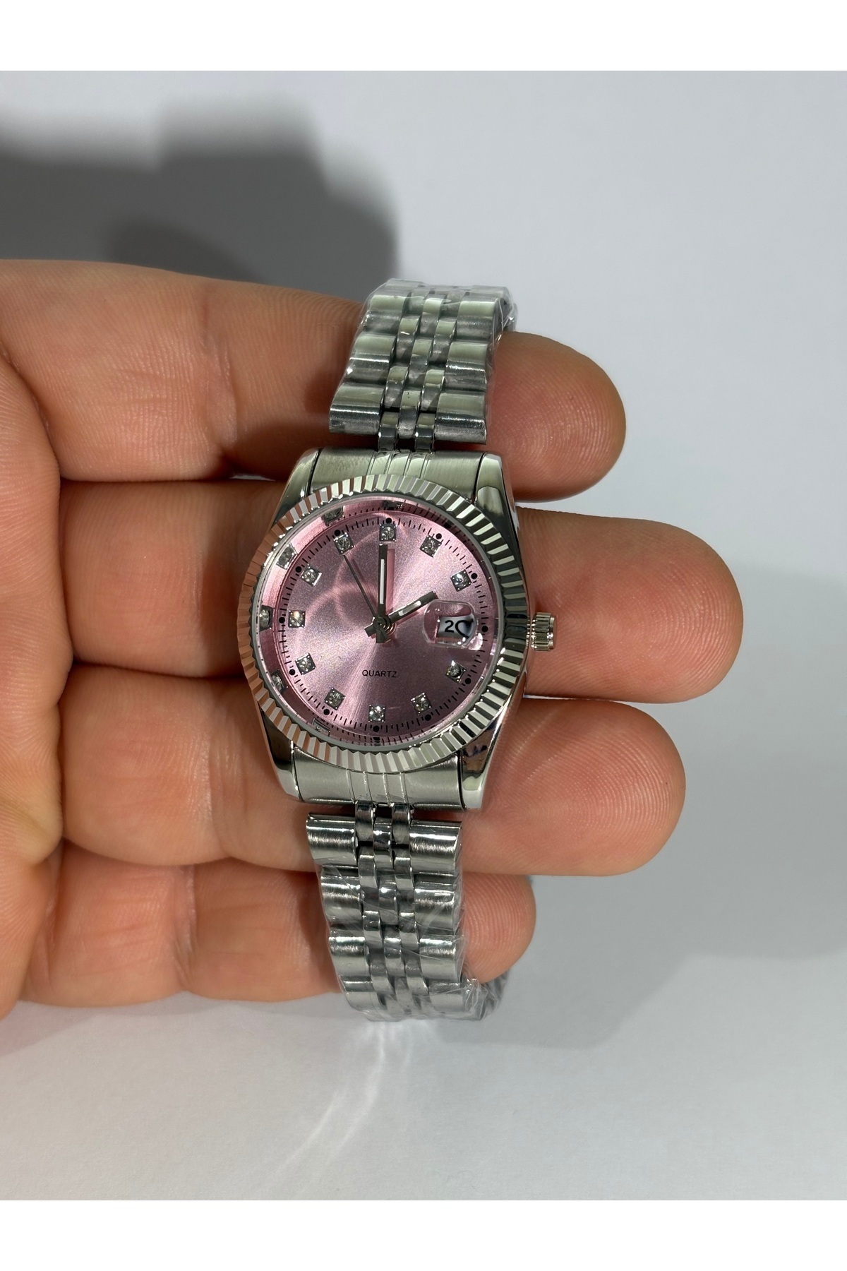 Kadın Çelik Gümüş Renk Kordon Pembe Kardan Yuvarlak Mini Lüx Kol Saati