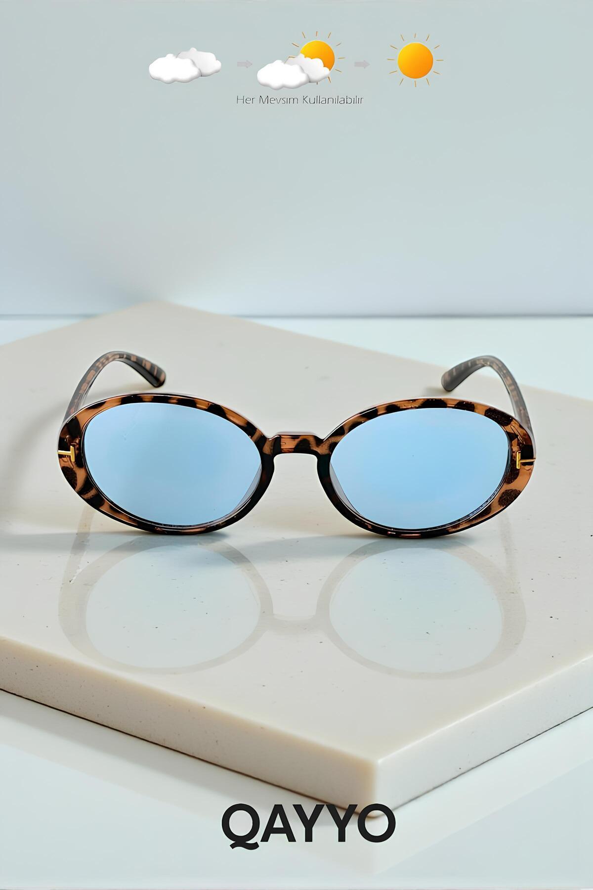 Ovelle Kadın Leopar Çerçeve Mavi Cam Oval Güneş Gözlüğü Aksesuar Detaylı Uv400